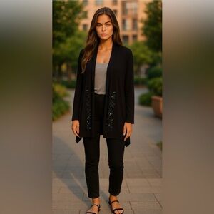 Joseph A. Qu’est-ce que c’est silk?open cardi, blk,floral sequin bead embroidery